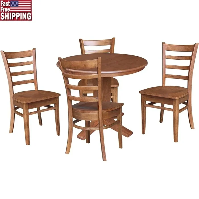 36-Inch Solid Wood Round Dining Table Set with Leaf, 4 Chairs, Distressed Oak Finish, Pedestal Base - Image 1