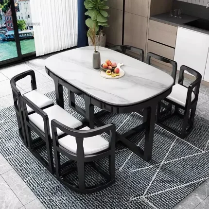 Modern Space-Saving 6-Person Dining Table Set ā Solid Wood, Marble Look, Minimalist Design for Home & Restaurant