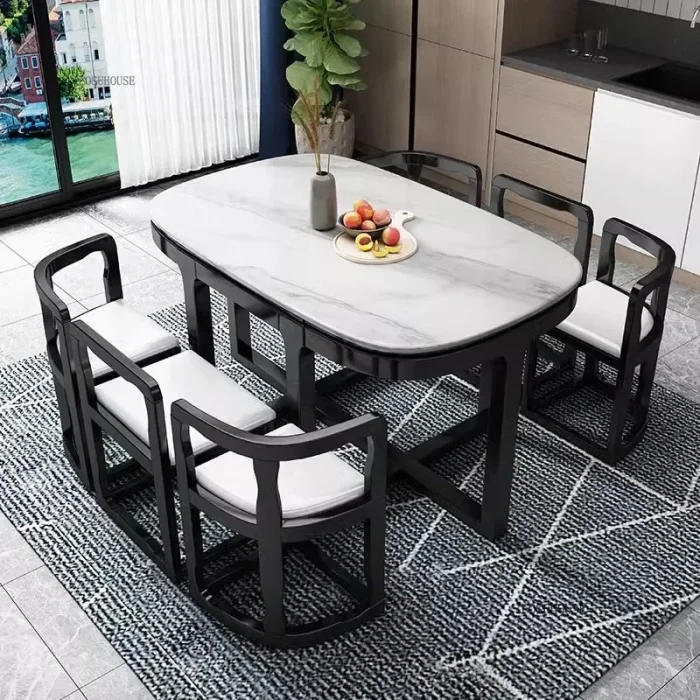 Modern Space-Saving 6-Person Dining Table Set – Solid Wood, Marble Look, Minimalist Design for Home & Restaurant - Image 1