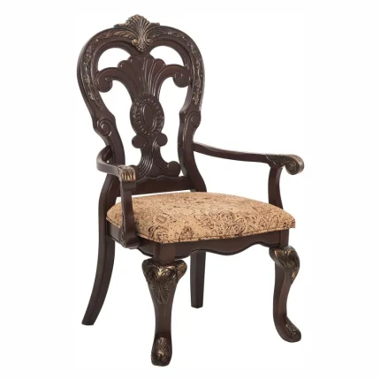 Traditional Formal Dining Armchairs Set of 2 – Cherry Wood Finish with Gold Accents & Upholstered Seats