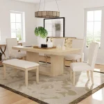 Contemporary 6-Piece 78" Extendable Pedestal Dining Set with 18" Leaf, Bench, and 4 Upholstered Chairs