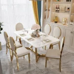 Luxury 8-Piece White and Gold Marble Dining Table Set with Stainless Steel Base – Seats 6 Comfortably