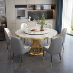 Elegant Round Marble Dining Table Set with 6 Chairs – Gold Frame Luxury Dining Room Furniture Set