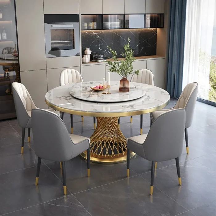 Elegant Round Marble Dining Table Set with 6 Chairs – Gold Frame Luxury Dining Room Furniture Set - Image 1