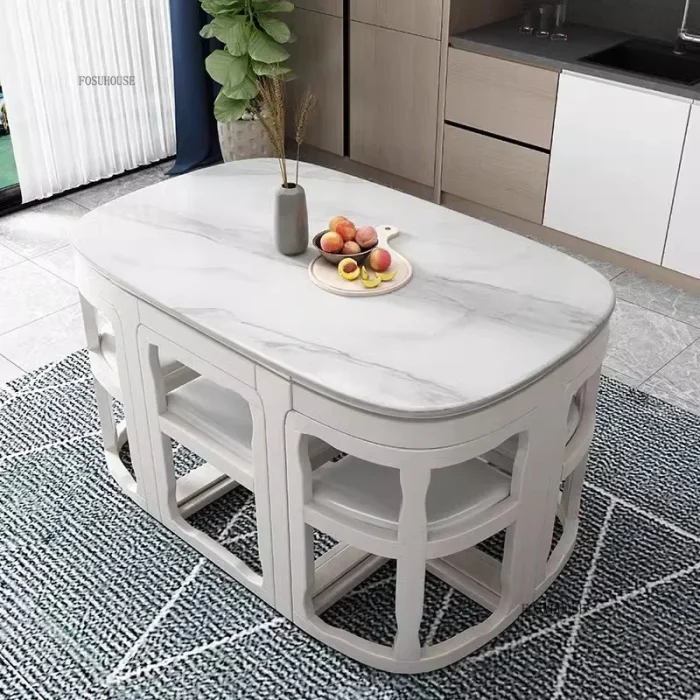 Modern Space-Saving 6-Person Dining Table Set – Solid Wood with Minimalist Marble Pattern for Restaurants & Homes - Image 1