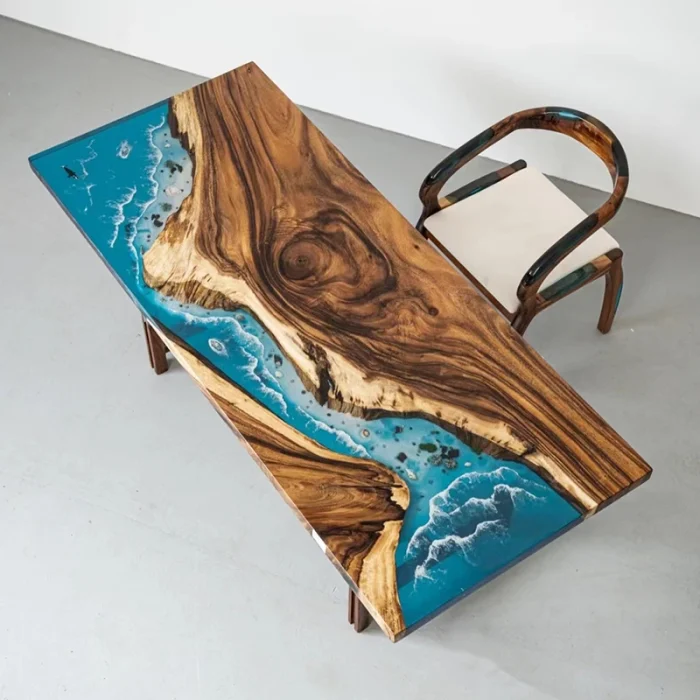 Modern Solid Wood Epoxy River Dining Table Set – Handmade Resin Desk for Stylish Dining Rooms - Image 1