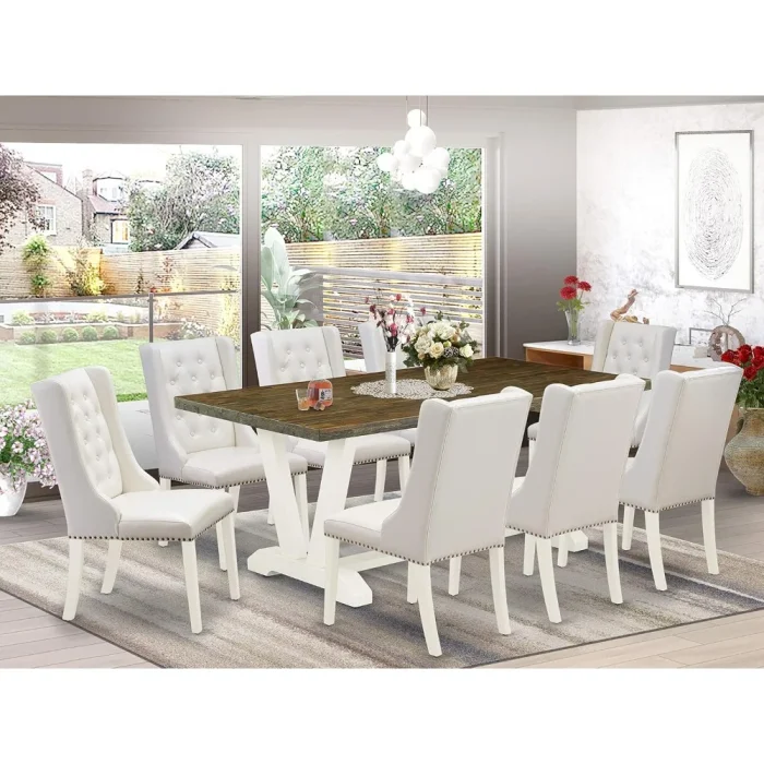9-Piece Dining Room Set with Rectangular Table, V-Leg Base, and 8 Light Grey Upholstered Chairs - Image 1