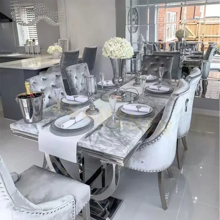 Modern Luxury Marble Dining Table Set – Grey High-End Design with 6 Chairs for Home or Restaurant Use - Image 1