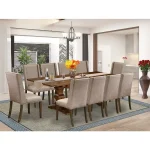 Elegant 11-Piece Dining Set with Leaf Extension Table & 10 Padded Khaki Chairs for Large Gatherings