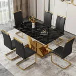 Modern 63" Rectangular Dining Table Set for 6 with Gold Accents and Black PU Leather Chairs