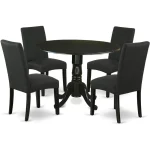 Modern Round Drop-Leaf Dining Table Set with 4 Black Linen Upholstered Chairs, Space-Saving Design