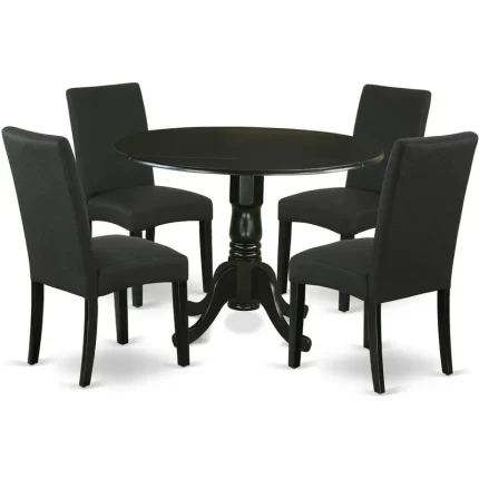Modern Round Drop-Leaf Dining Table Set with 4 Black Linen Upholstered Chairs, Space-Saving Design