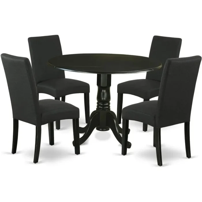 Modern Round Drop-Leaf Dining Table Set with 4 Black Linen Upholstered Chairs, Space-Saving Design - Image 1