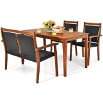 4-Piece Outdoor Dining Set for 4 – Space-Saving Acacia Wood Table with PE Rattan Chairs and Umbrella Hole