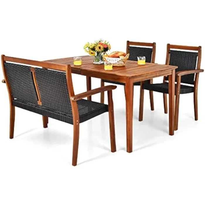 4-Piece Outdoor Dining Set for 4 – Space-Saving Acacia Wood Table with PE Rattan Chairs and Umbrella Hole - Image 1