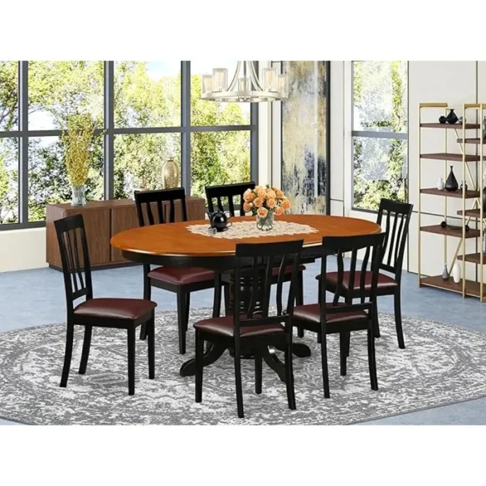 7-Piece Oval Dining Set with Butterfly Leaf Table and 6 Faux Leather Upholstered Chairs - Image 1