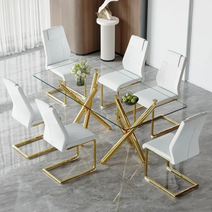 6-Piece Glass Dining Table Set with Gold Metal Frame and High-Back Chairs – Modern Kitchen Dining Room - Image 1