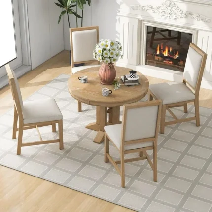 Extendable Round Solid Wood Dining Table Set for 4-6, Space-Saving Kitchen Room Furniture