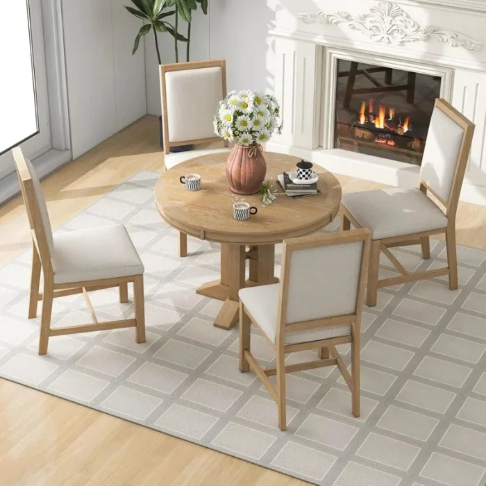 Extendable Round Solid Wood Dining Table Set for 4-6, Space-Saving Kitchen Room Furniture - Image 1