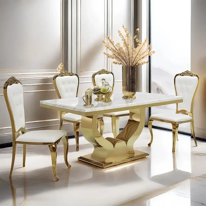 Modern Luxury Stainless Steel Dining Table Set – Marble Top with 6 Stylish Chairs for Elegant Homes - Image 1