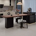 Medieval Walnut Grain Rock Slab Retractable Island Table with Microwave Storage – Multifunctional Dining Kitchen Solution