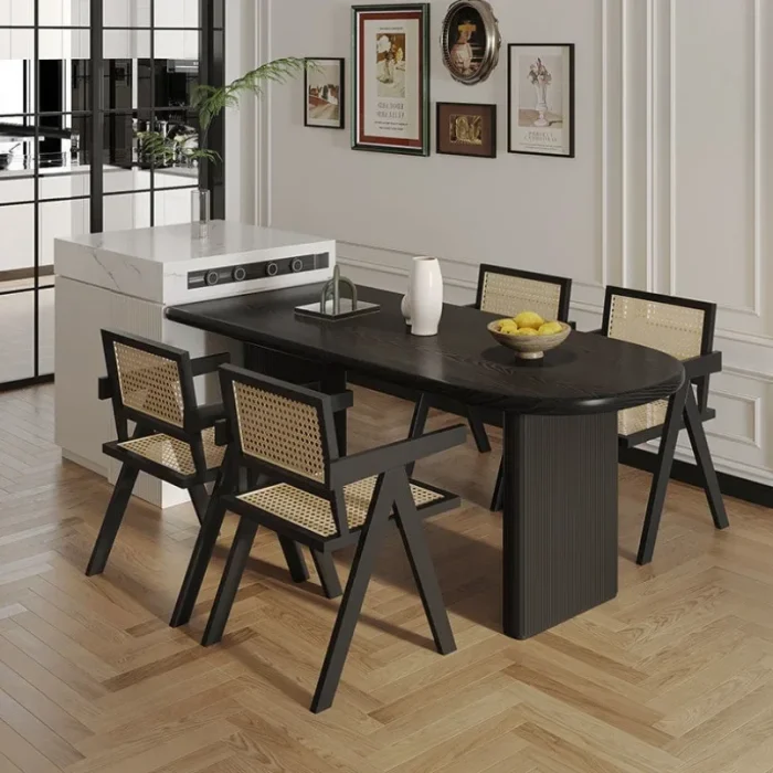 Wabi-Sabi Style 5-Piece Black Dining Table Set – 140cm Solid Wood Semi-Oval Table with 4 Chairs - Image 1