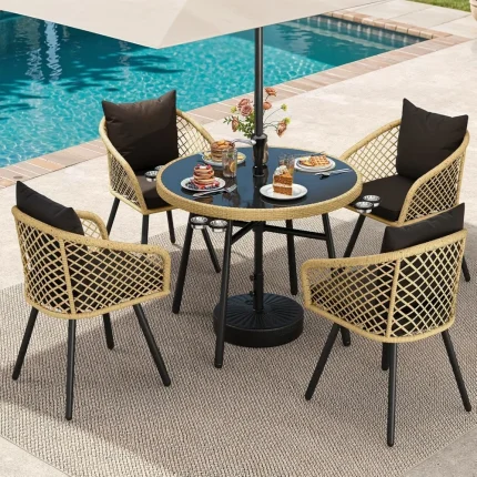 5-Piece Outdoor Rattan Dining Set for 4 – Glass-Top Table with Umbrella Hole, Cushions & Cup Holders