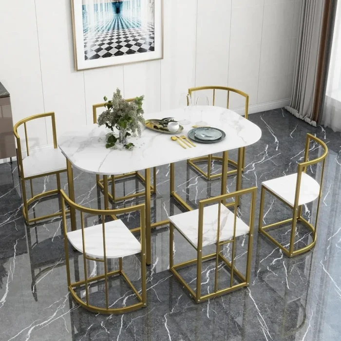7-Piece Compact Kitchen Dining Table Set for 6 – Space-Saving Metal Table and Chairs for Small Spaces - Image 1
