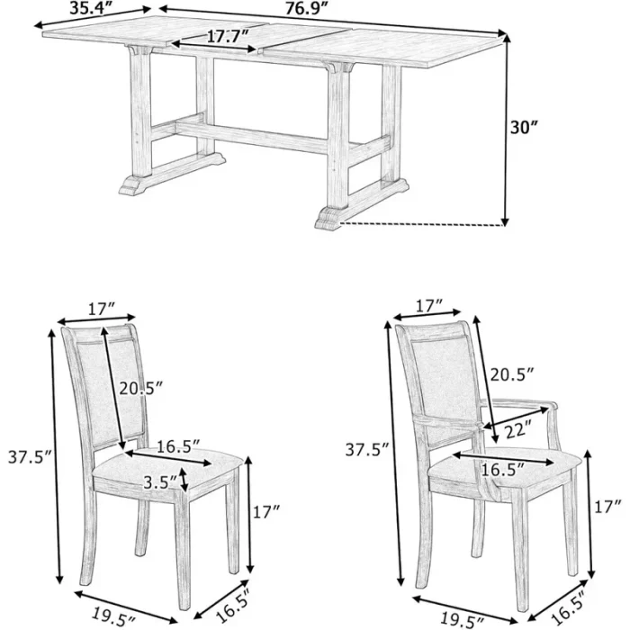 7-Piece Extendable Dining Table Set with Upholstered Chairs and Armchairs – 76.9-Inch Trestle Table Design - Image 1