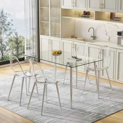 Modern 4-Piece Rectangle Dining Set – Tempered Glass Table with Plated Legs and Transparent Contemporary Chairs