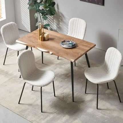 5-Piece Rectangular Dining Table Set with Beige Boucle Upholstered Chairs, Mid-Century Modern Style