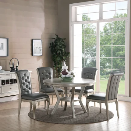 5-Piece Formal Traditional Round Dining Table Set with Shelf, Silver Finish and Tufted Back Chairs