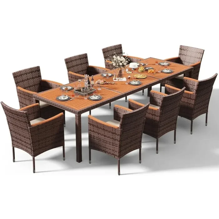 Patio Conversation Set with Acacia Wood Top, Rattan Outdoor Dining Table and Chairs for Backyard, Garden - Image 1