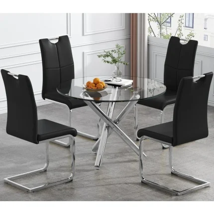 5-Piece Modern Round Glass Dining Table Set with 4 PU Leather Chairs, 39-Inch for Small Spaces