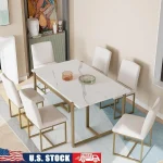 7-Piece Modern Dining Table Set with Faux Marble Top and 6 Upholstered Chairs, L-Shaped Legs