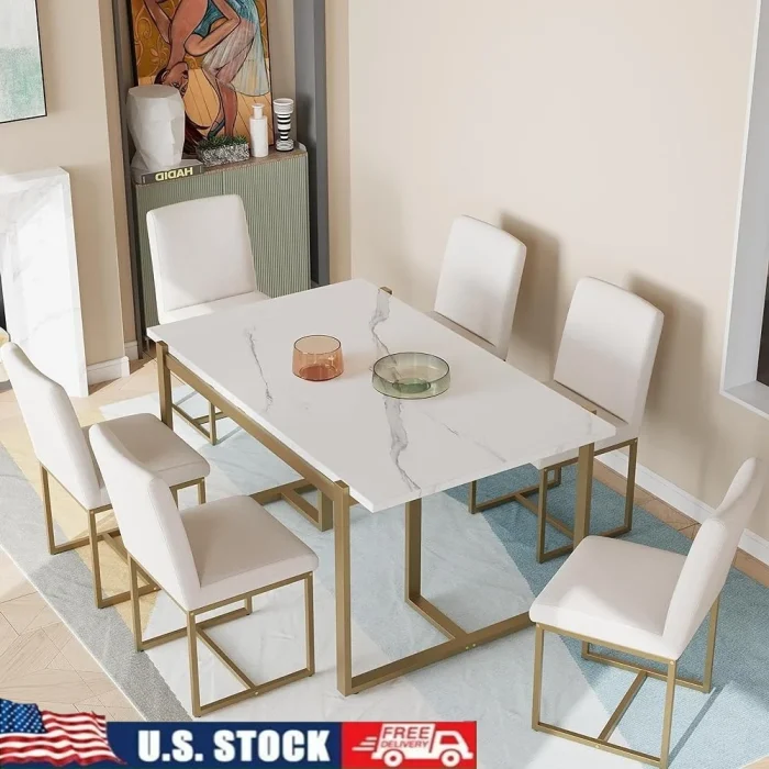 7-Piece Modern Dining Table Set with Faux Marble Top and 6 Upholstered Chairs, L-Shaped Legs - Image 1