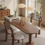 Vintage Kitchen Island Dining Table Set with 6 Chairs, Retractable Solid Wood and Stone Top Design