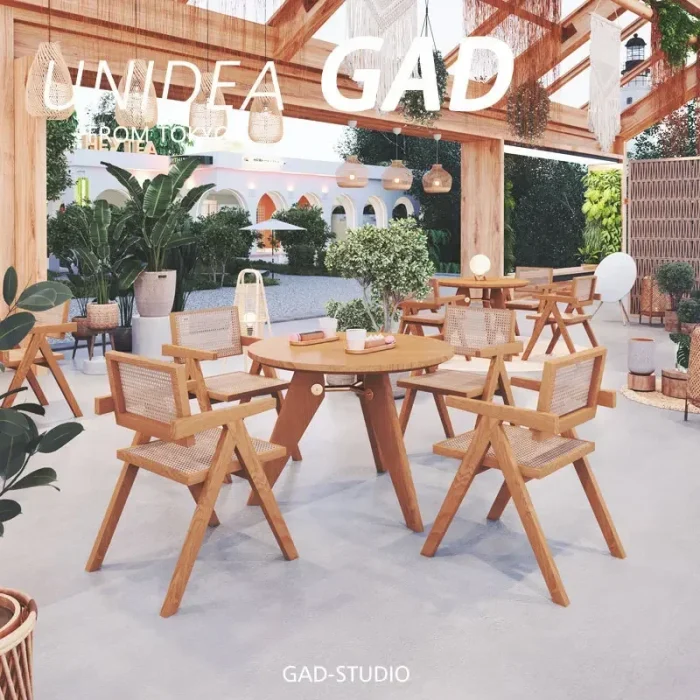 Rattan and Solid Wood Dining Table Chair Set, Wabi-Sabi Style for Café, Lounge, Restaurant Use - Image 1