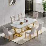 70-Inch Modern Imitation Marble Dining Table Set with 6 White Velvet Upholstered Elegant Chairs