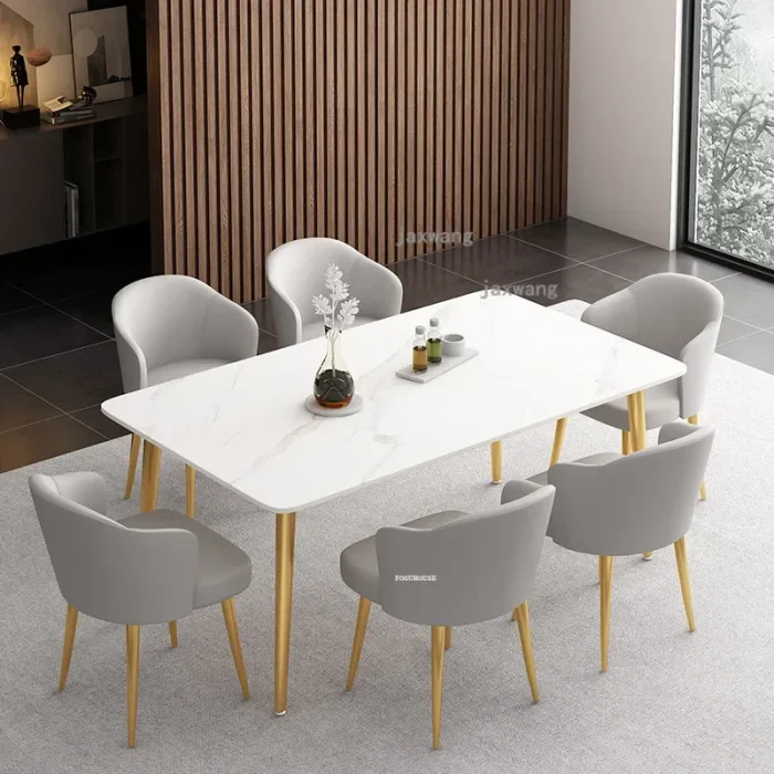 Nordic Light Luxury Dining Set – Modern Slate Table with Metal Chairs, Elegant Hotel-Style Kitchen Furniture - Image 1