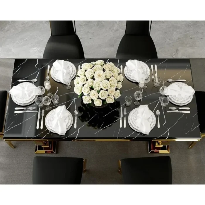 72-Inch Modern Dining Table Set – U-Base Design with 6 Black Velvet Upholstered Elegant Chairs - Image 1