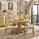 Exquisite European Luxury Marble Dining Set – Round Table with Gold Trim and 6 Solid Wood Chairs