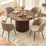 47-Inch Round Wooden Dining Table Set – Brown Sherpa Upholstered Barrel Chairs for Cozy Kitchen Seating