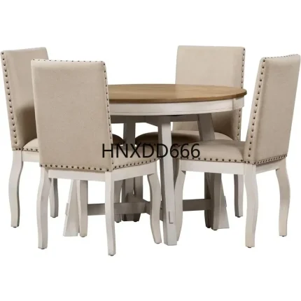 5-Piece Farmhouse Dining Set – Round Extendable Table with 4 Upholstered Chairs, Rustic Charm & Comfort