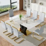 Large Modern Glass Dining Table Set for 8 – Marble Design, Light Grey PU Chairs, White Gold Accents