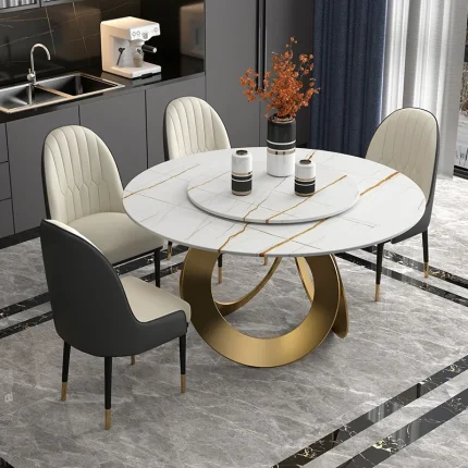 MANBAS Dining Set – Sintered Stone Table with 6 Leather Chairs, Stainless Steel Frame, Modern Kitchen Furniture