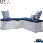Two-Tone Dining Nook Set – Solid Wood Bench with Hidden Storage, Navy Cushions, Pillows, Easy Assembly