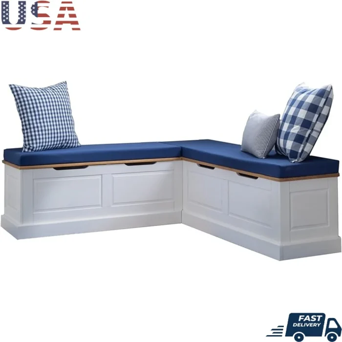 Two-Tone Dining Nook Set – Solid Wood Bench with Hidden Storage, Navy Cushions, Pillows, Easy Assembly - Image 1