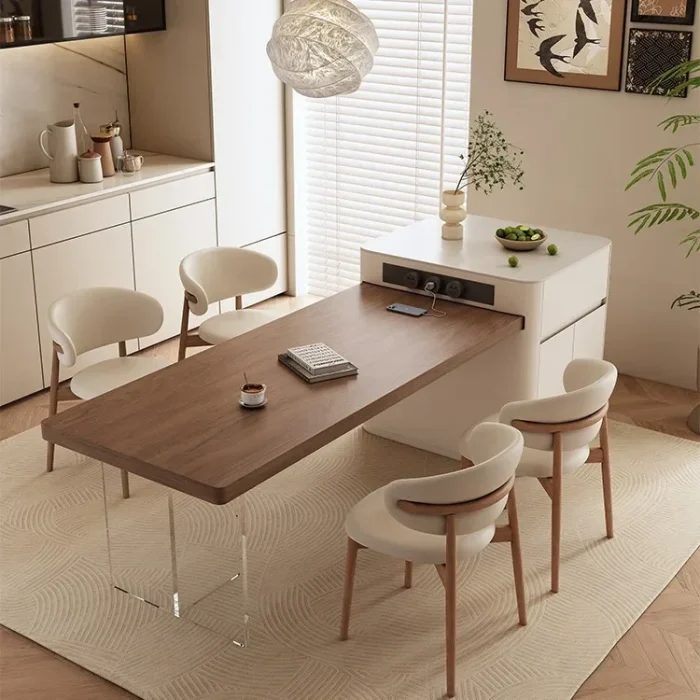 Walnut Color Island Dining Table – Retractable Suspension Design, Medium Size, Ancient Style, Perfect for Apartments - Image 1