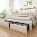 SIBEDS Queen LED Bed Frame – Upholstered Platform with Storage Drawers, 2-Tier Wingback Headboard, No Box Spring